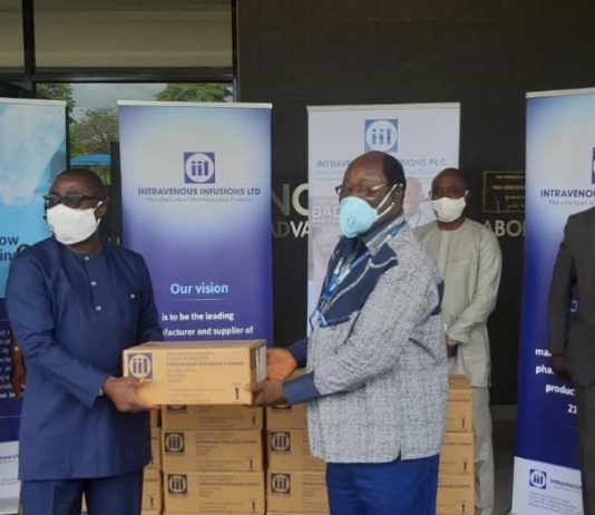 Intravenous Infusions donates 100 cartons of IV fluids to Noguchi Memorial Institute