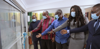 Builders Bazar opens showroom Clients join officials, Isaac Kyei-Mensah (left), Kofi Sekyere (second left), and George Blankson (third left) to cut the tape.